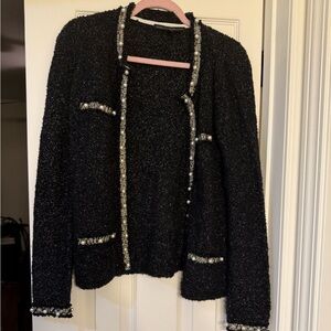 White House Black Market Black Tweed Jacket with Pearl Trim S